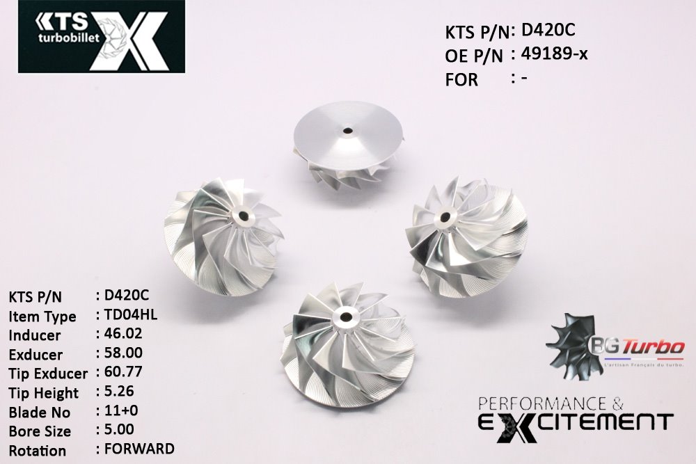 Turbo ROUE FORGÉE MFS PERFORMANCE - 11+0 PALES - INDUCER : 46,02 - EXDUCER : 58 - TYPE : TD04HLANGLE : 60° - ROTATION : Forward - SUPER BACK : 1,895 - BORE SIZE : 5
